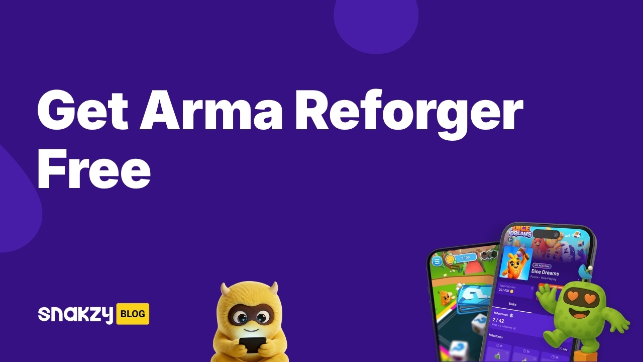 Featured card showing how to get Arma Reforger free using a Steam gift card earned through Snakzy.
