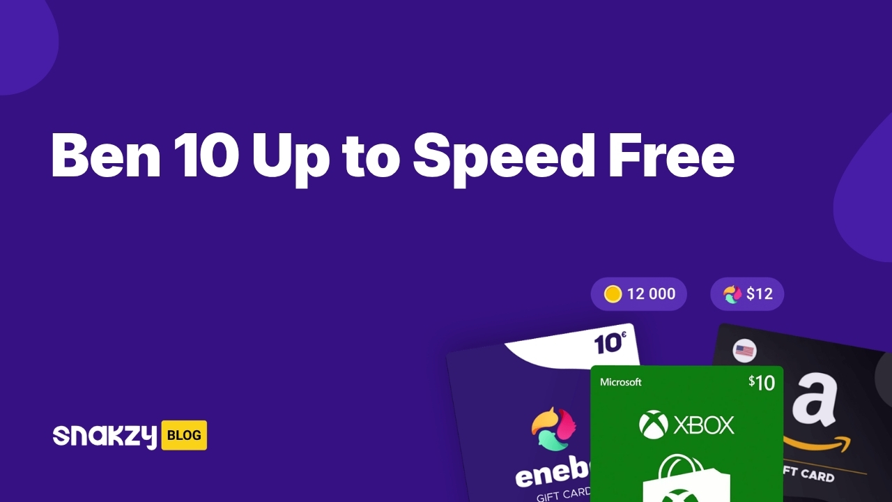 Featured card showing how to get the Ben 10 Up to Speed APK for free through Snakzy rewards.
