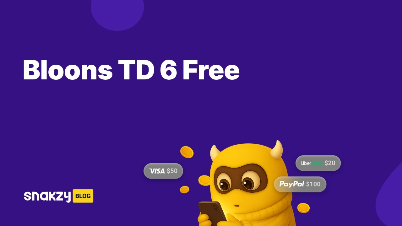 A featured image card for the Snakzy blog guide on getting the Bloons TD 6 APK for free on Android.