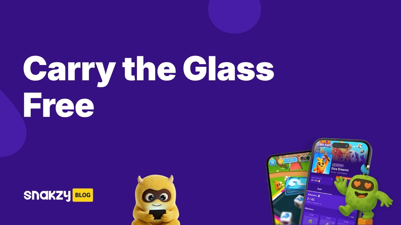 Featured image card for the Carry the Glass Steam guide on Snakzy showing how to earn the game free.