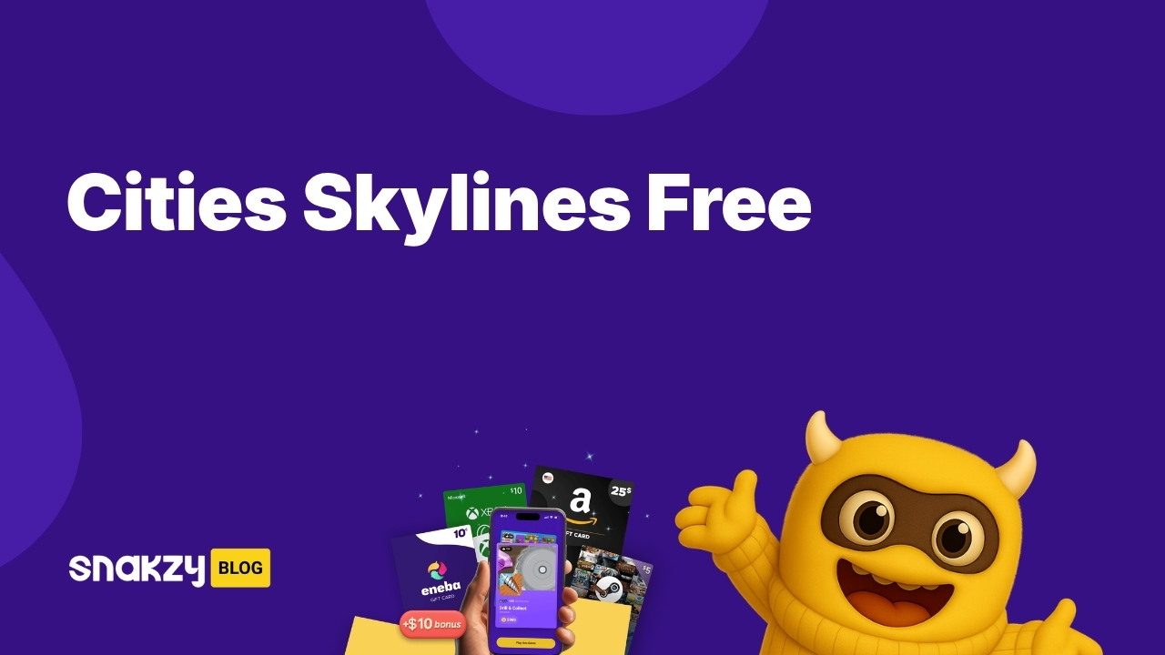 Featured image card for the Snakzy guide on how to get Cities Skylines free using a Steam gift card.