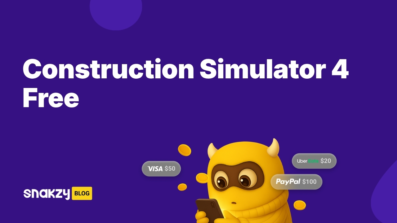 Featured card showing how to get the Construction Simulator 4 APK free on Android through Snakzy.