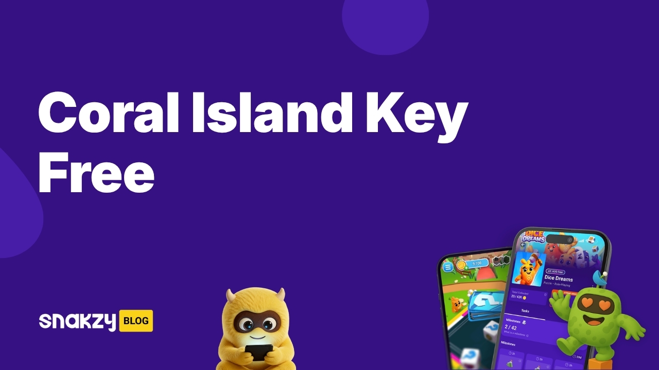 Featured image card for the Coral Island key free guide on Snakzy, showing how to earn a Steam gift card to buy the game.