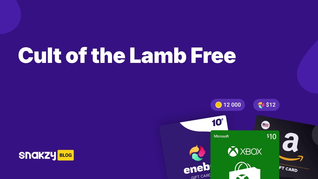 Featured card for earning Cult of the Lamb mobile free through the Snakzy app using a Google Play gift card.