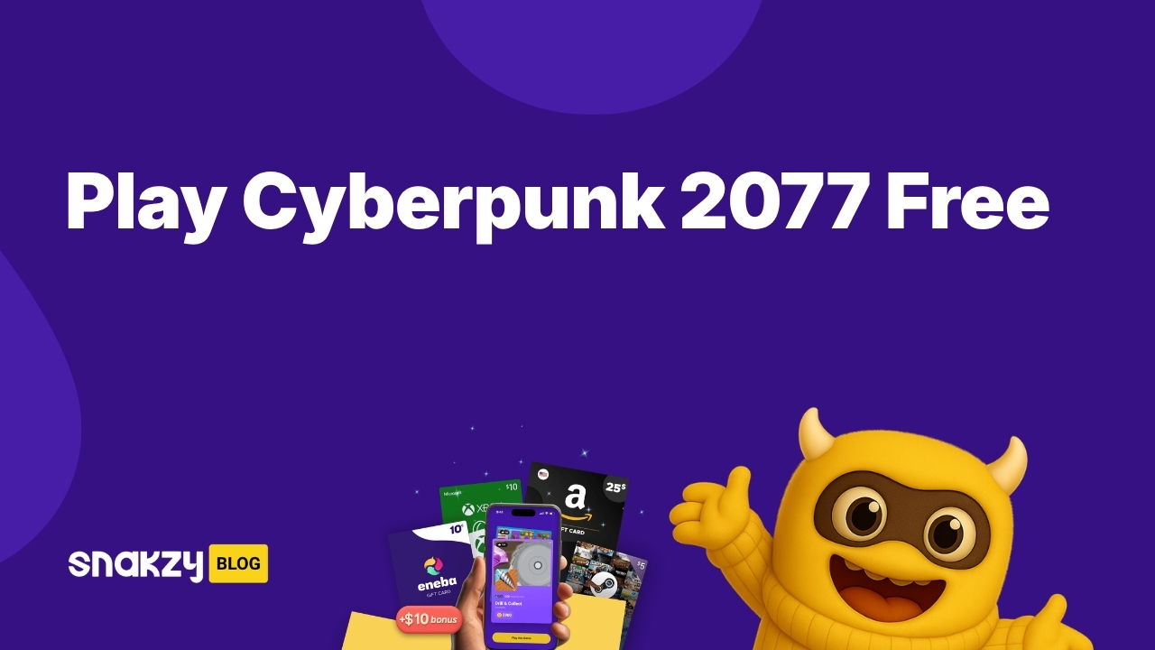 Featured image card for playing Cyberpunk 2077 on Mac for free using Snakzy rewards.