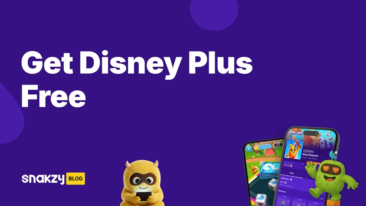Snakzy rewards card showing how to get Disney Plus free by earning gift cards through the app.
