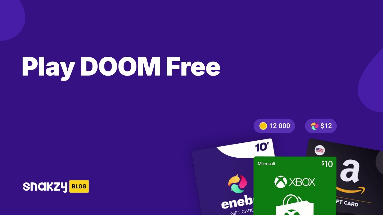 Featured image card for the DOOM APK guide showing how to play DOOM free on Android with Snakzy.