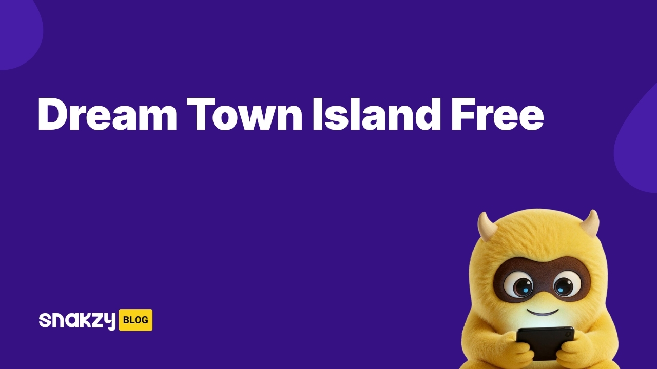 Featured card showing how to get Dream Town Island APK free on Android using Snakzy rewards.
