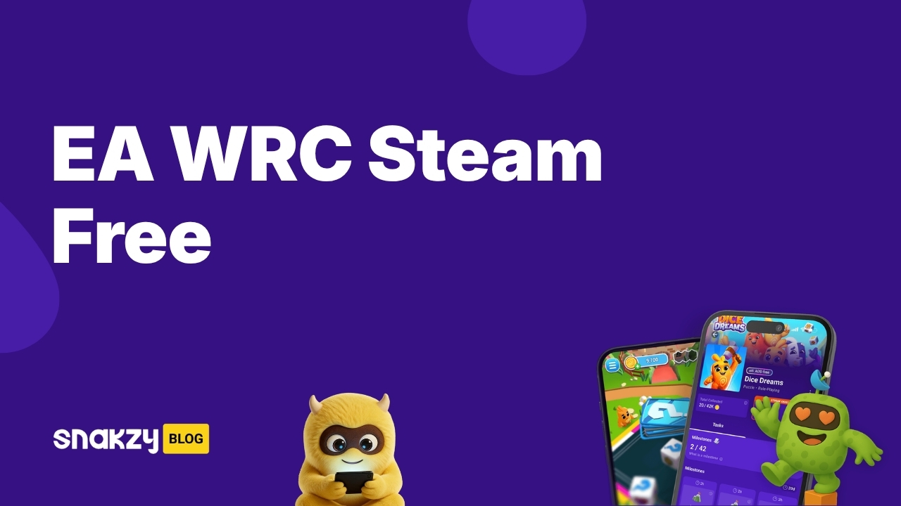 Featured card showing how to get an EA WRC Steam key free through Snakzy rewards.