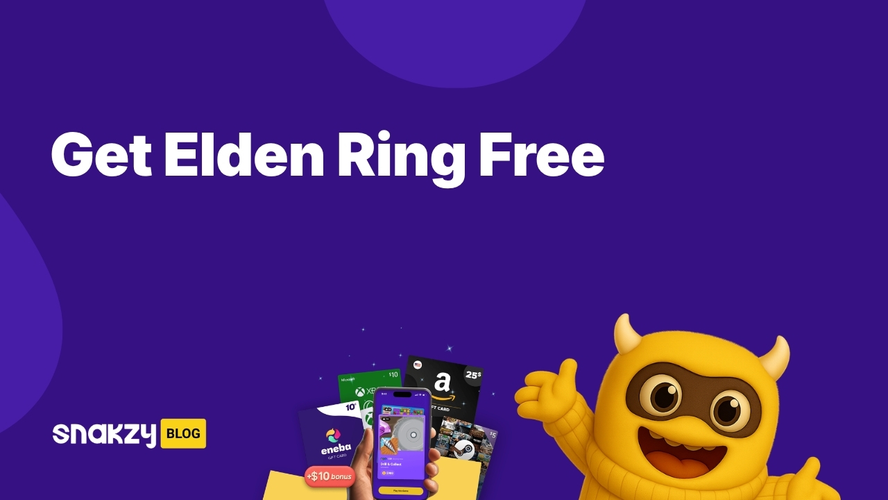 Featured card showing how to get Elden Ring free on Steam using a Snakzy-earned gift card.