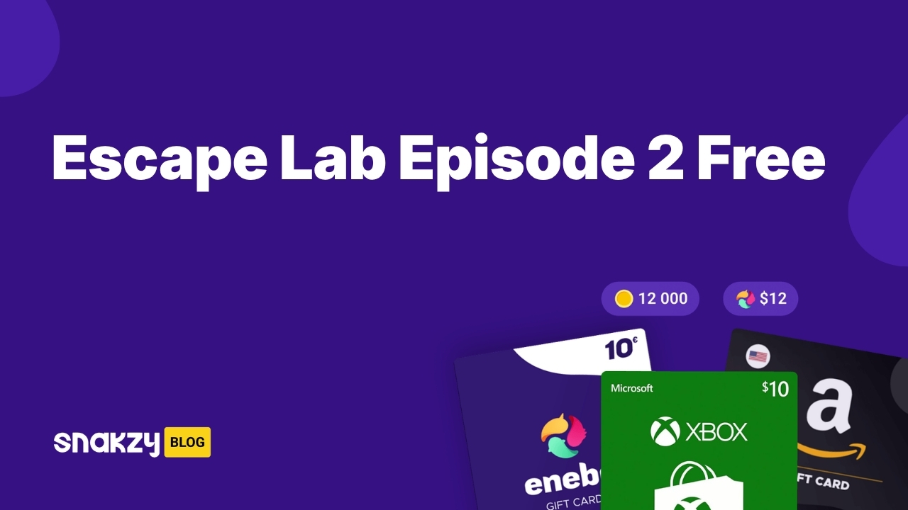 Featured guide card showing how to get Escape Lab Episode 2 APK free through Snakzy rewards.