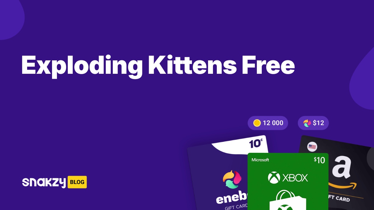 Featured card showing how to get Exploding Kittens free on Android using the Snakzy app.