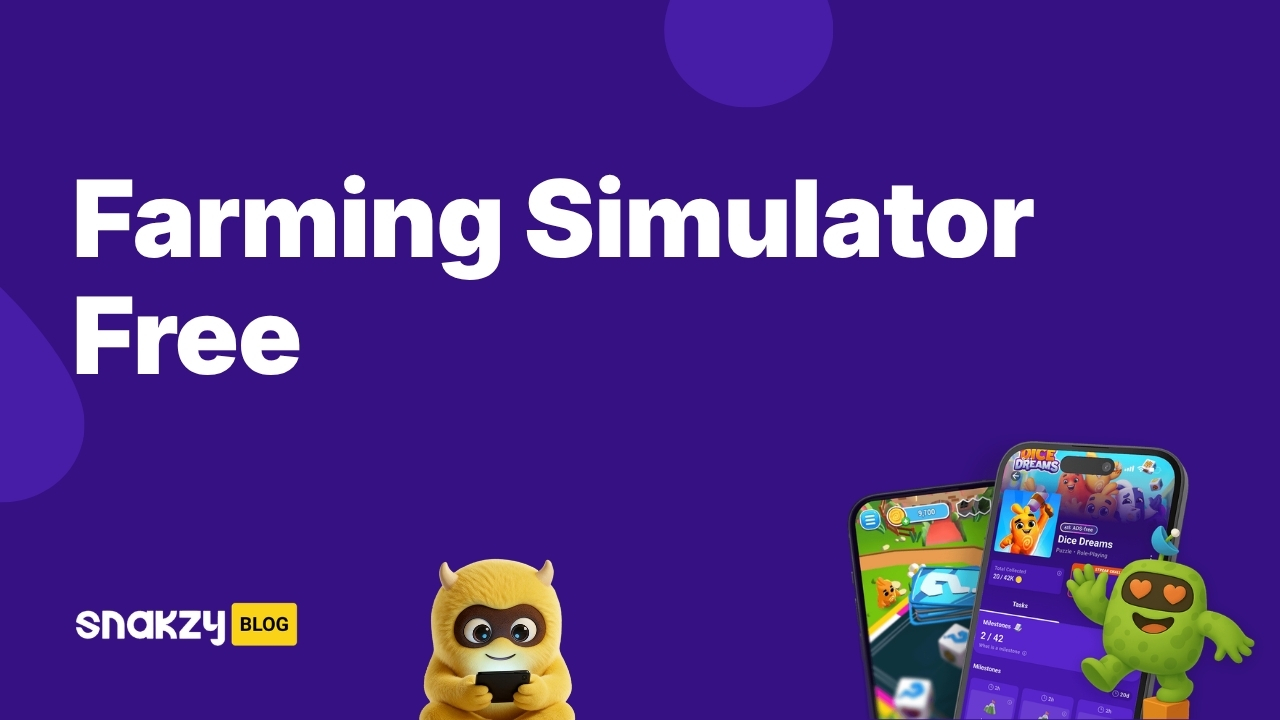 Featured card showing how to get Farming Simulator free on Steam using Snakzy rewards.