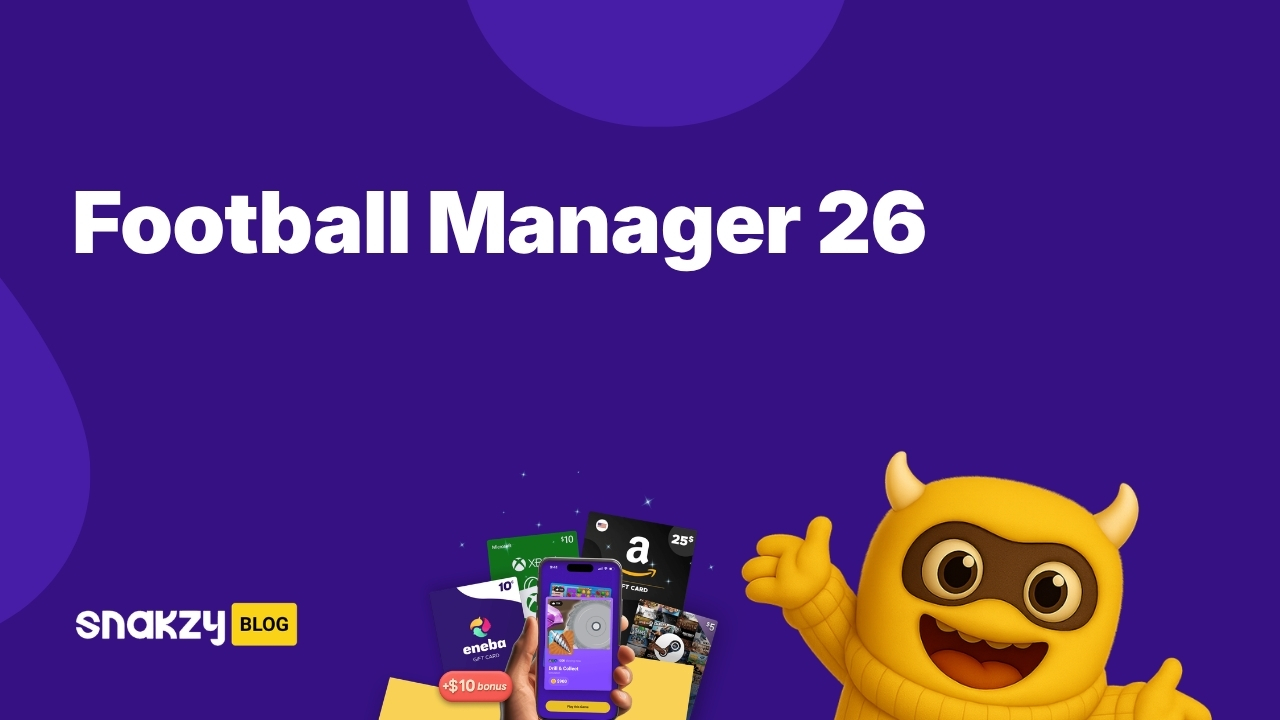 Featured image card for the football manager 26 free guide on Snakzy showing how to earn a Steam gift card.