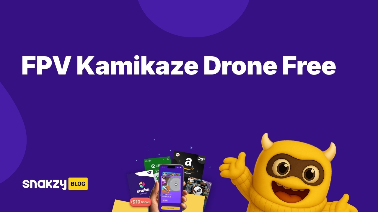 Snakzy blog card showing how to get FPV Kamikaze Drone free on Steam by earning gift cards.