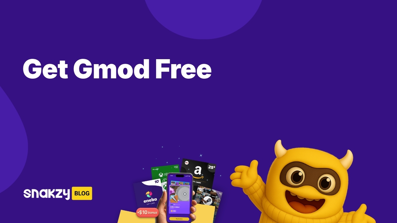 Featured card showing how to get gmod free using Snakzy Steam gift card rewards.