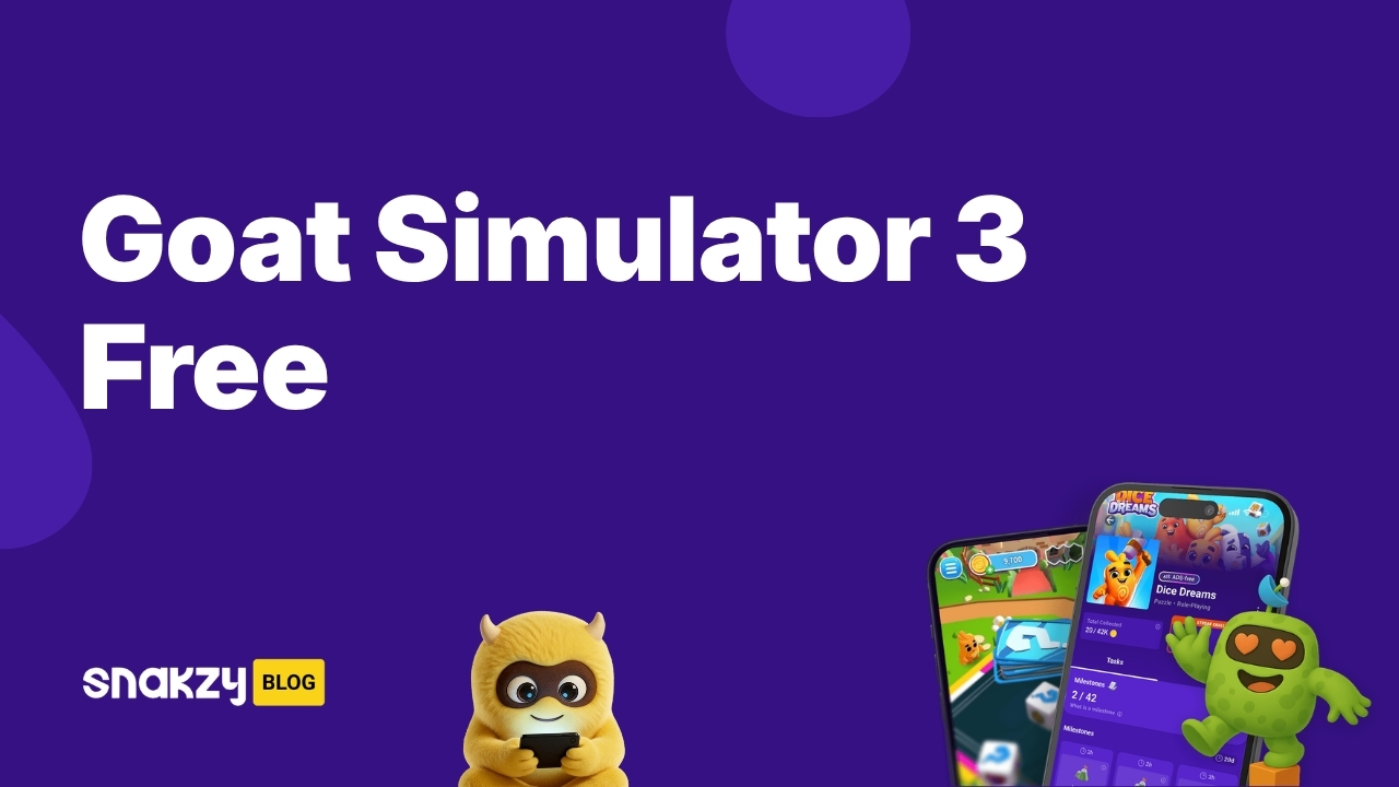 Featured card for the Goat Simulator 3 Multiverse APK guide showing how to get the game free on Android with Snakzy.