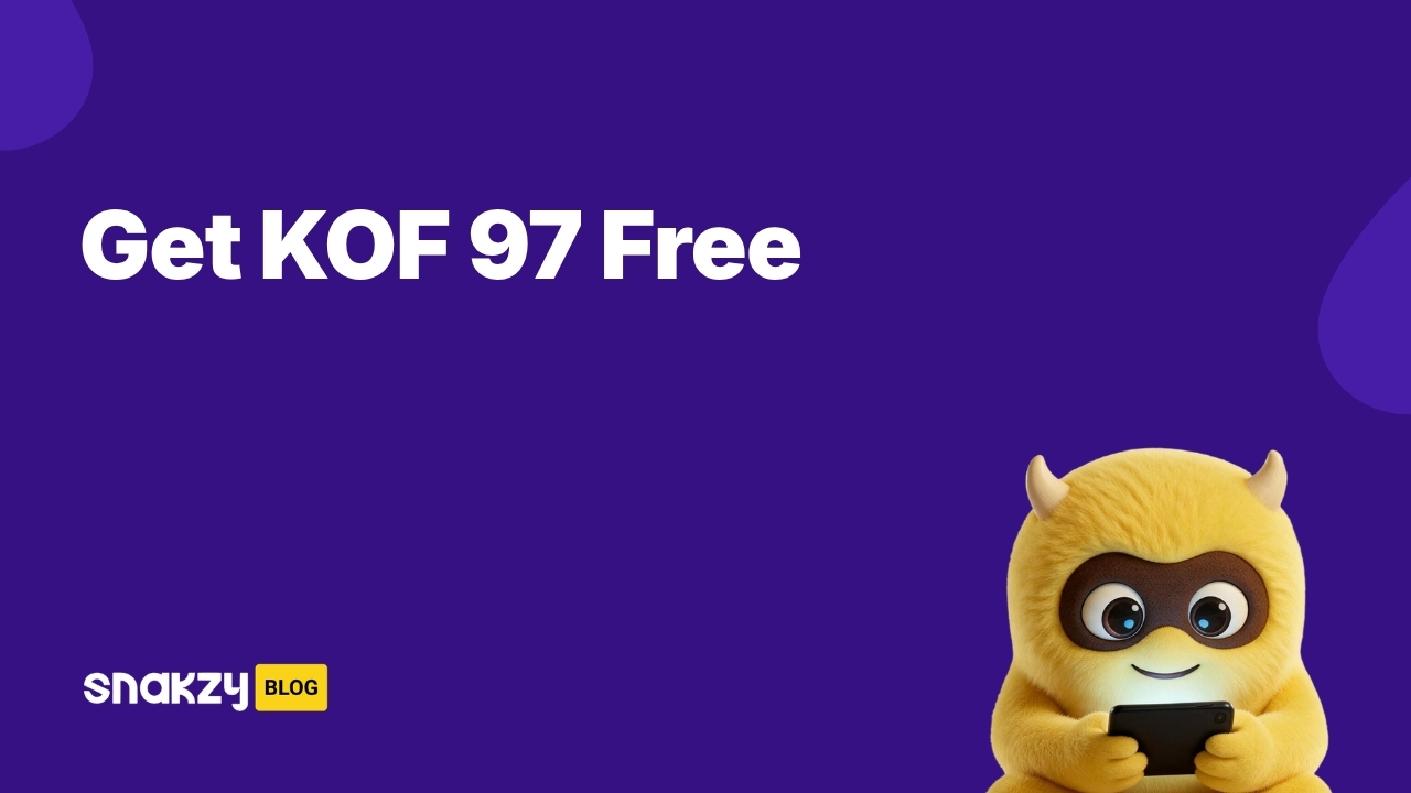 Featured image card showing how to get the King of Fighters 97 APK free through Snakzy rewards.