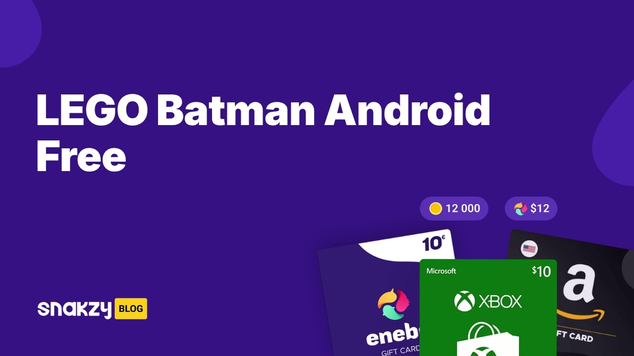 Featured card showing how to get the LEGO Batman APK on Android for free using Snakzy rewards.