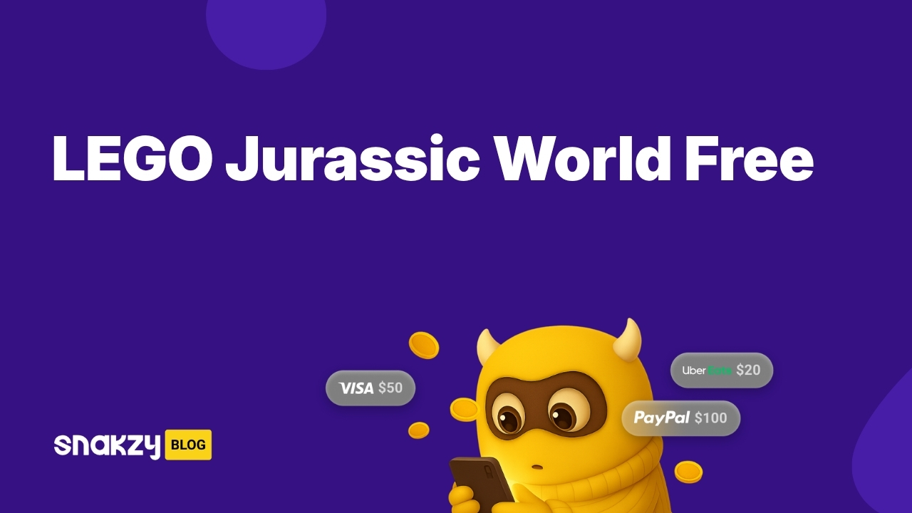 A featured image card showing how to get LEGO Jurassic World APK for free on Android using Snakzy.