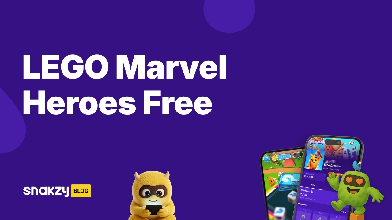 Featured card showing how to get the LEGO Marvel Super Heroes APK for free using Snakzy rewards.