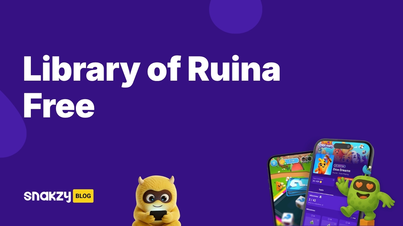 Featured card showing how to get Library of Ruina free on Steam using Snakzy rewards.