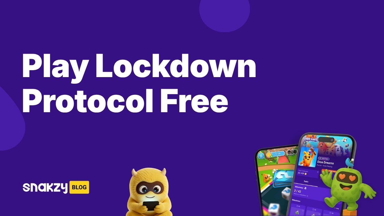 Featured card showing how to get Lockdown Protocol free on Steam using Snakzy rewards.