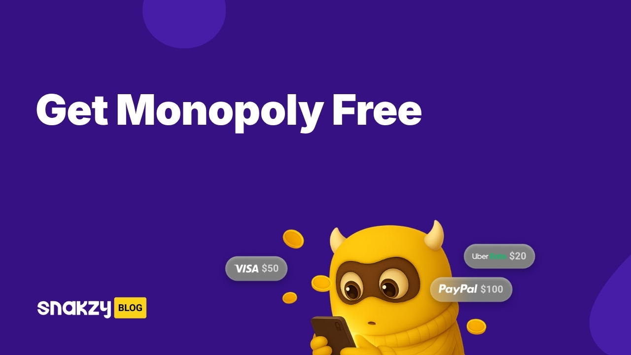 Featured card showing how to get the Monopoly APK on Android for free using Snakzy rewards.