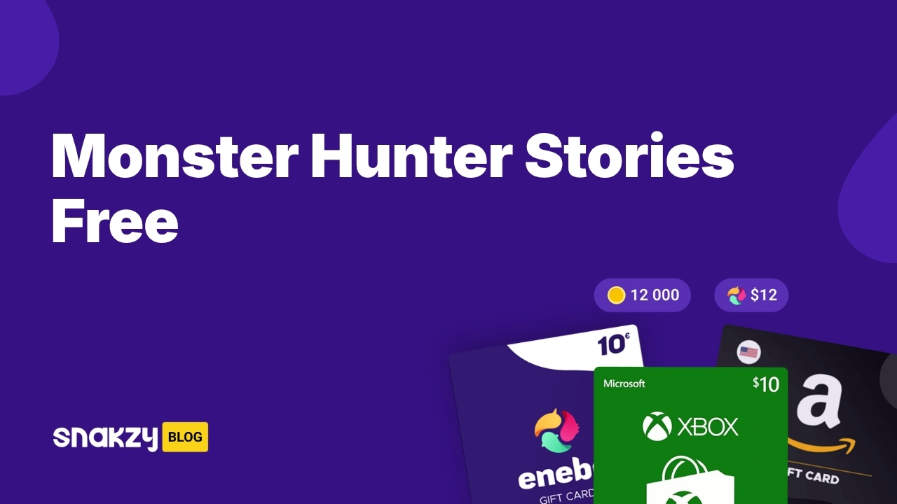 Featured card showing how to get the Monster Hunter Stories APK on Android for free through Snakzy rewards.
