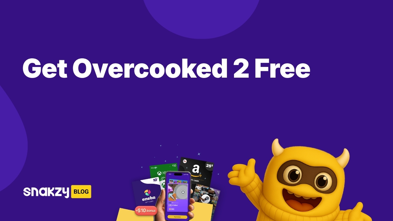 Featured card showing how to get Overcooked 2 free on Steam using Snakzy rewards.