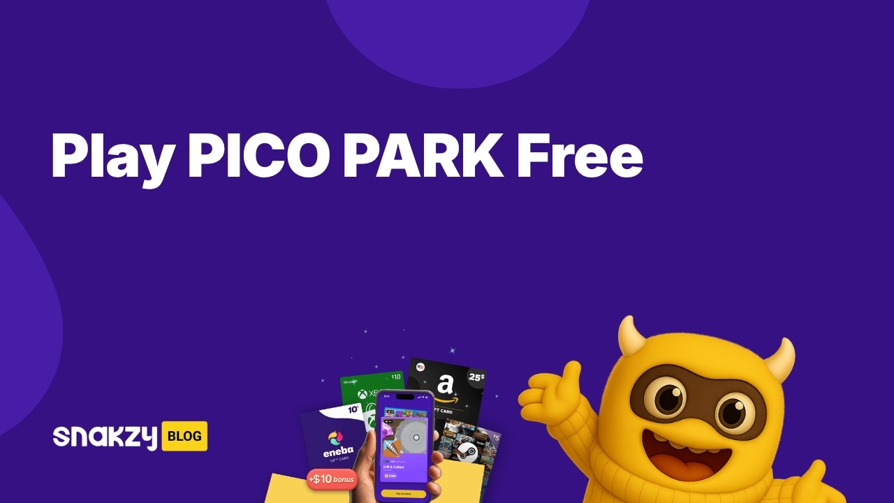 Featured card showing how to get pico park free through Snakzy rewards on Steam.