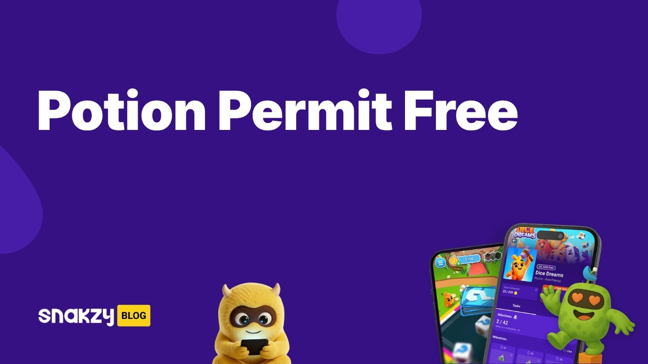 Featured card for the Potion Permit APK guide showing how to get the game free on Android through Snakzy.