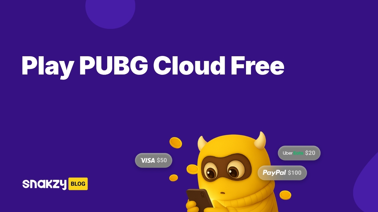 Featured card for a guide on how to play PUBG Mobile cloud for free and earn Google Play gift cards through Snakzy.