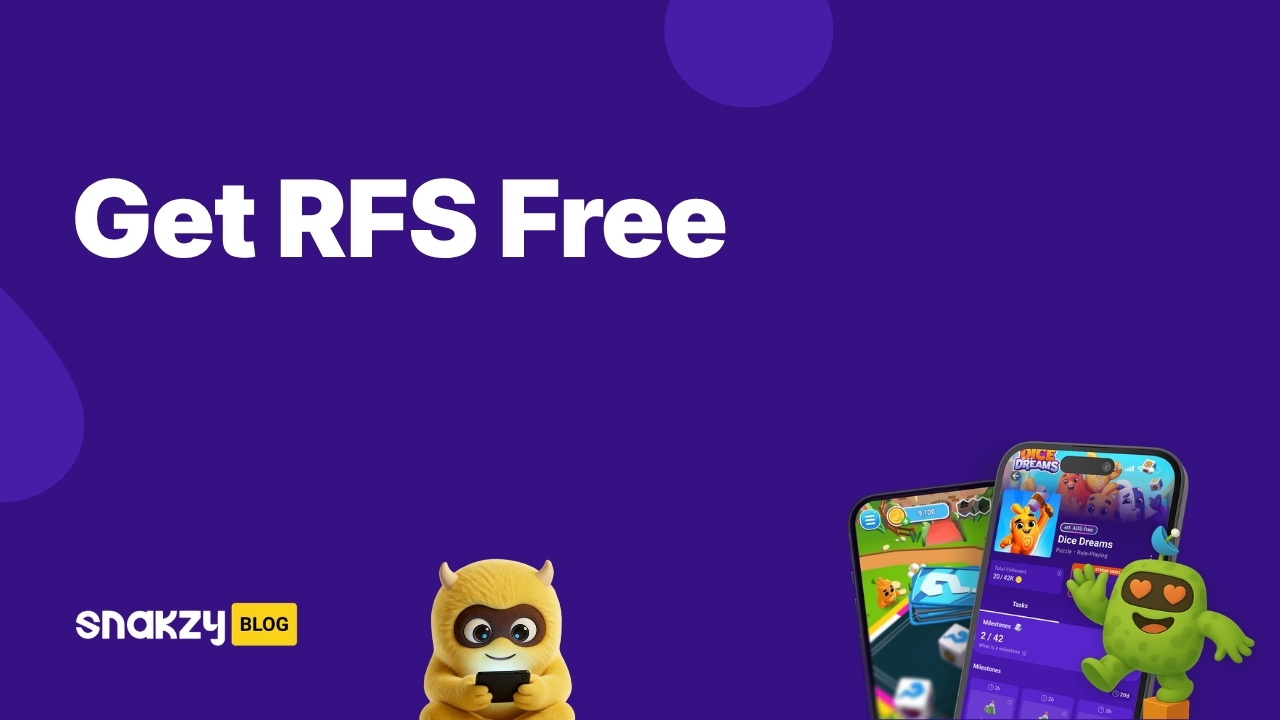 Featured card showing how to get the RFS Real Flight Simulator APK free on Android using Snakzy rewards.