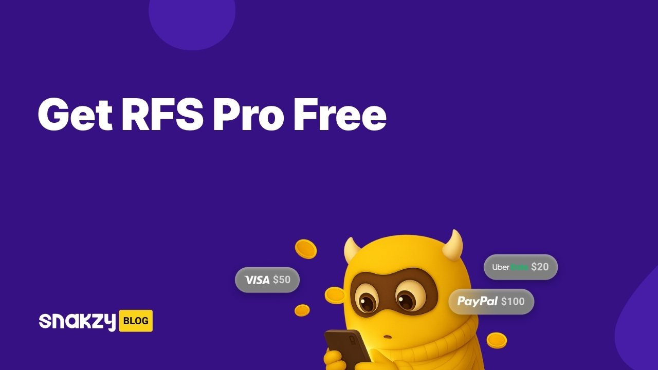 A featured card showing how to get RFS Pro for free on Android using Snakzy rewards.