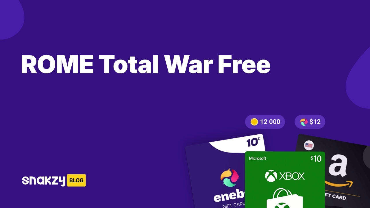 Featured card showing how to get the ROME Total War APK on Android for free through Snakzy rewards.