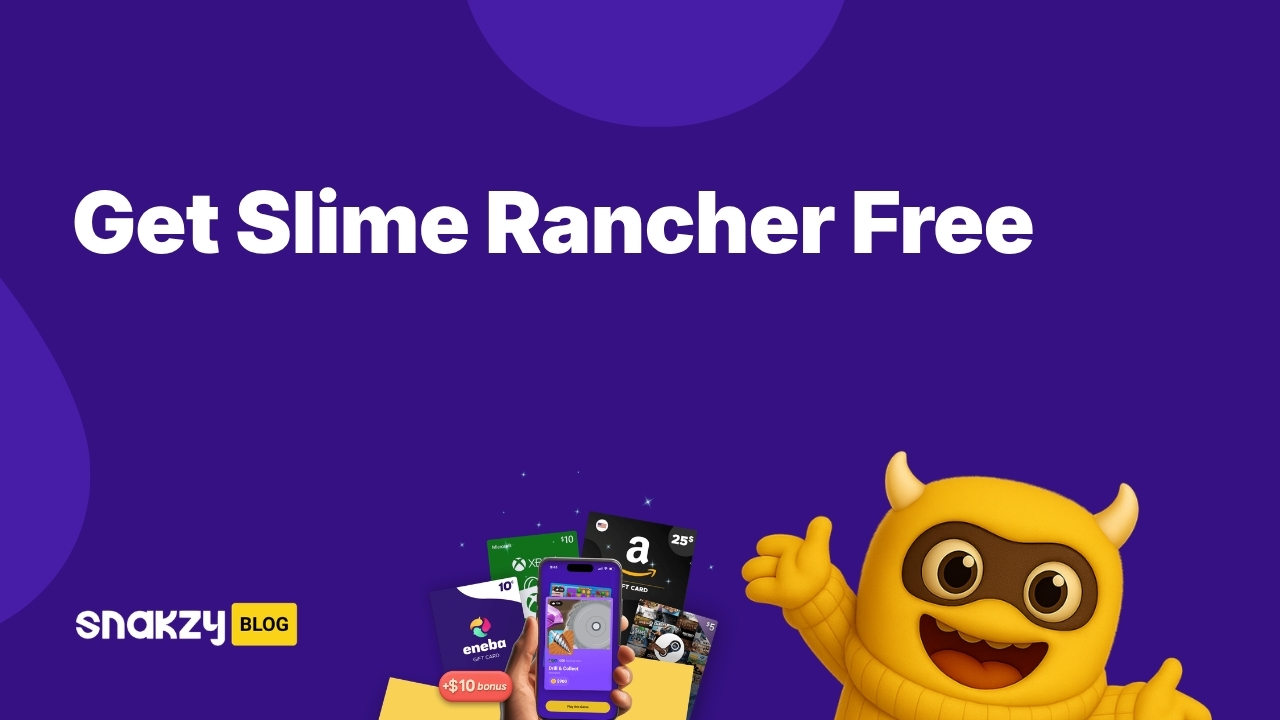 Featured card for a guide on how to get Slime Rancher free on PC using Snakzy rewards.