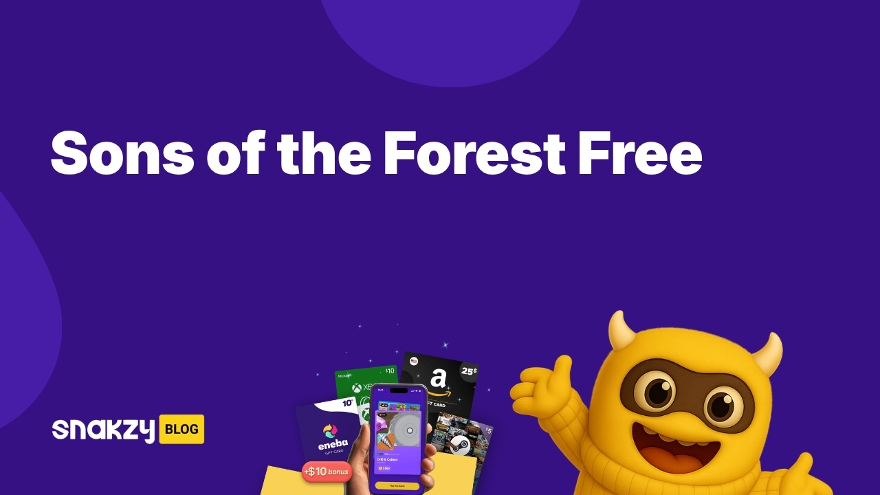 Featured image card for the sons of the forest free guide on Snakzy, showing how to earn a Steam gift card to buy the game.