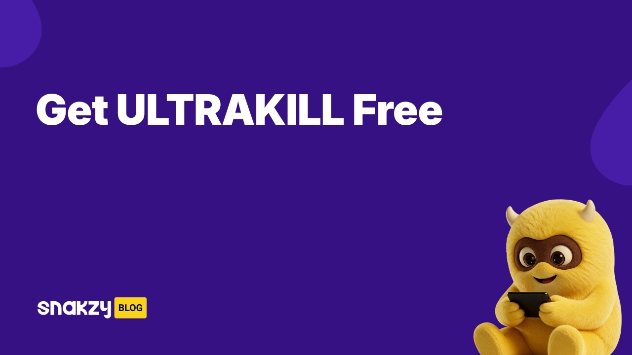 Snakzy featured image card for the ULTRAKILL free Steam guide showing how to earn the game through rewards.