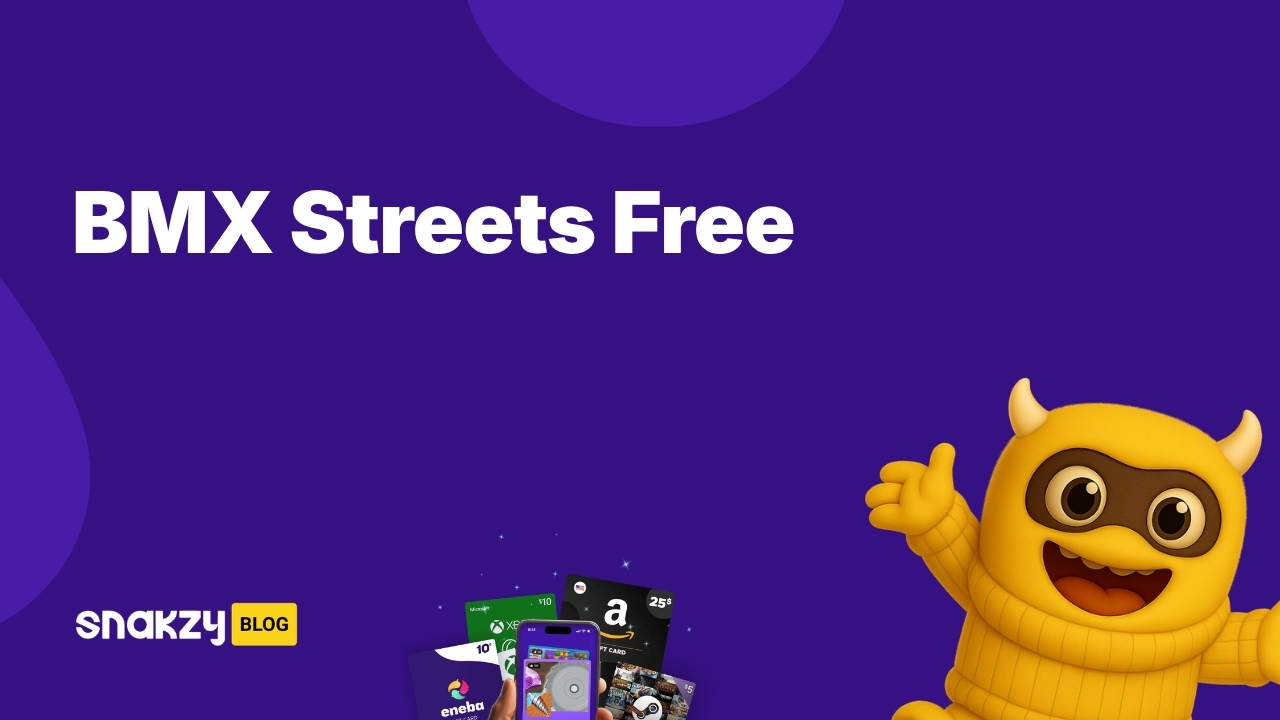 Featured card showing how to get BMX Streets free on Steam through the Snakzy app.