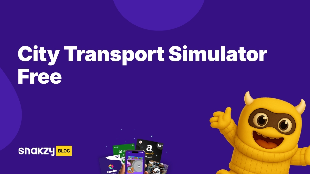 Promotional card for getting a City Transport Simulator 2026 key free through Snakzy Steam gift cards.