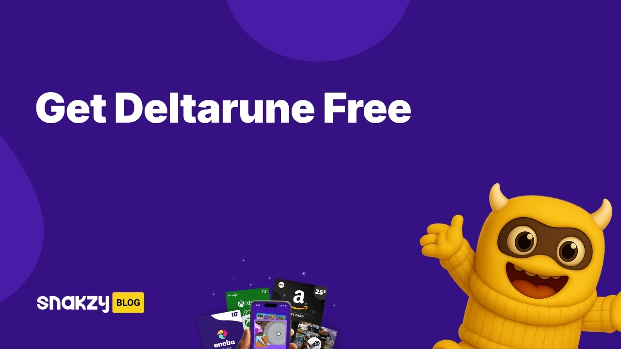 Promotional card showing how to get a Deltarune Steam key free through Snakzy