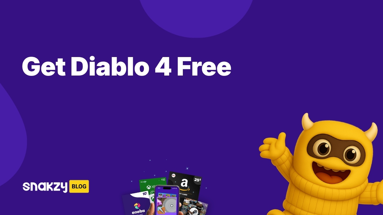 Featured card showing how to earn a Diablo 4 key for free using Snakzy rewards.