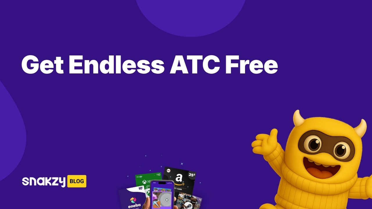 Featured card for the Endless ATC APK free guide on Snakzy, showing how to earn Google Play gift cards to get the full version.