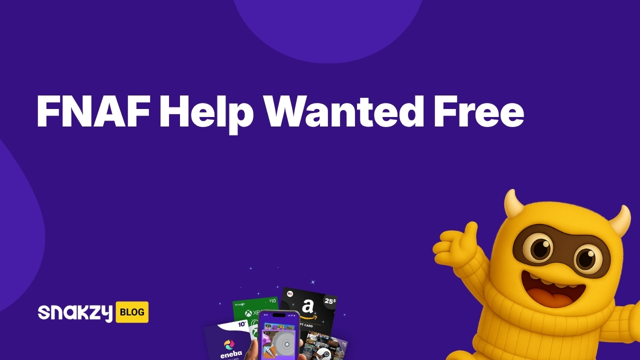 Featured card showing how to get a FNAF Help Wanted Steam key for free through Snakzy rewards.