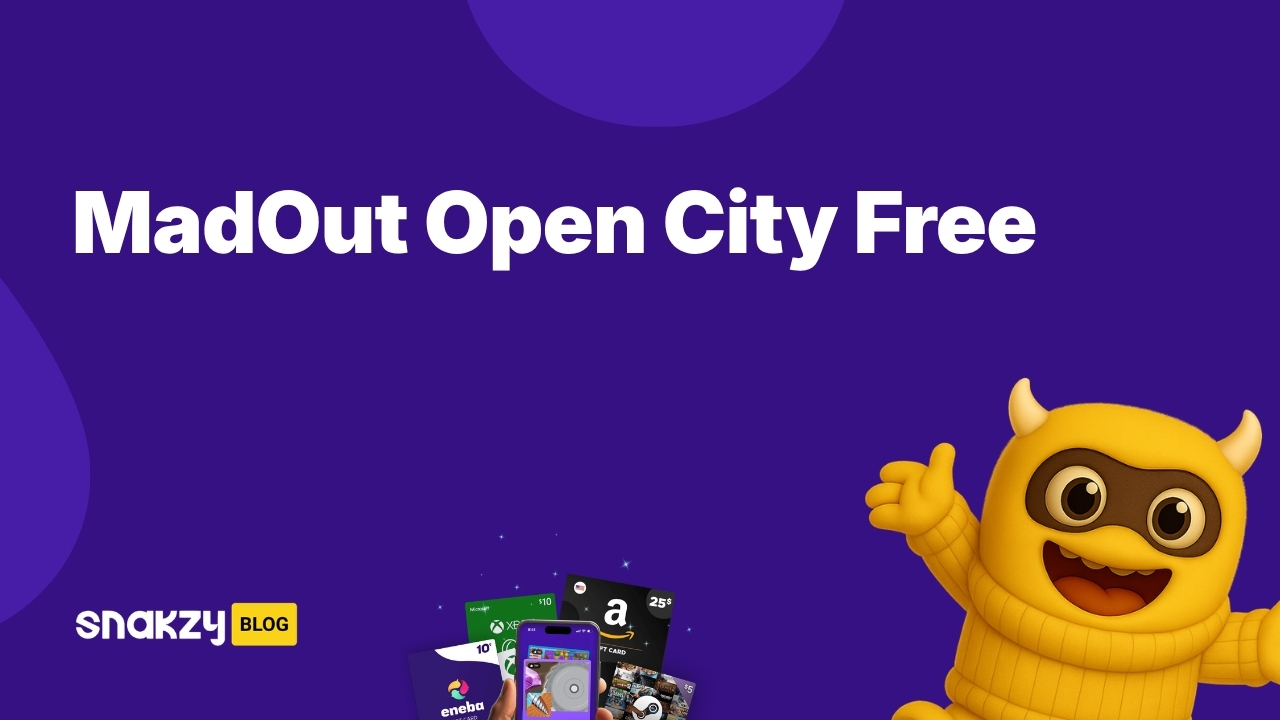 Featured card for getting MadOut Open City APK free through Snakzy rewards on Android.