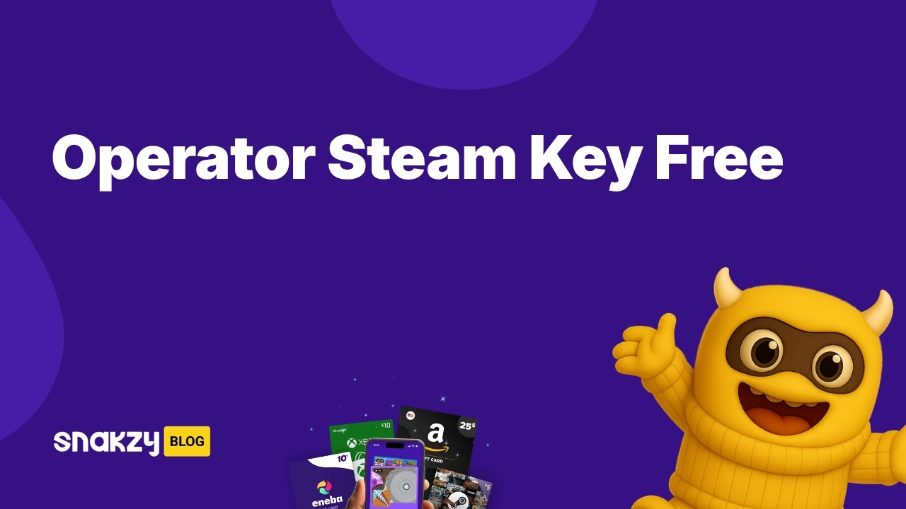 Featured image card for earning an Operator Steam key free through the Snakzy app.