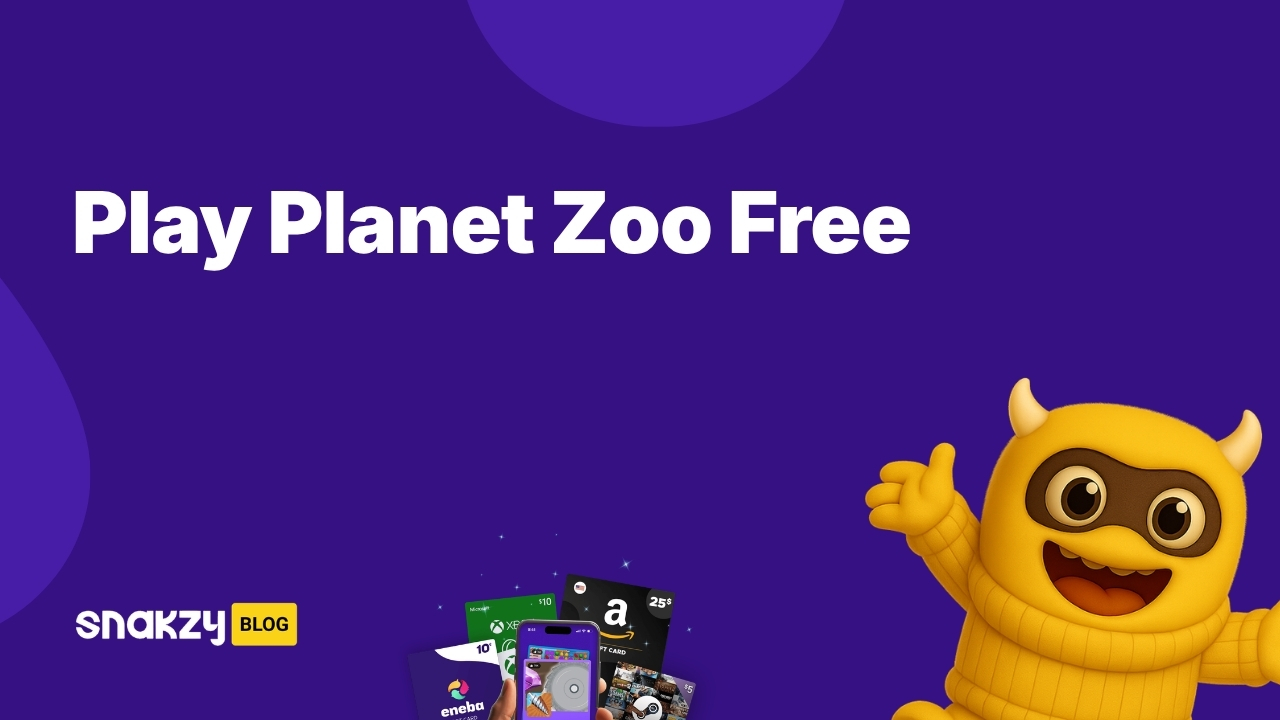 Featured image card for the planet zoo free guide on Snakzy showing how to earn Steam gift cards to buy the game.