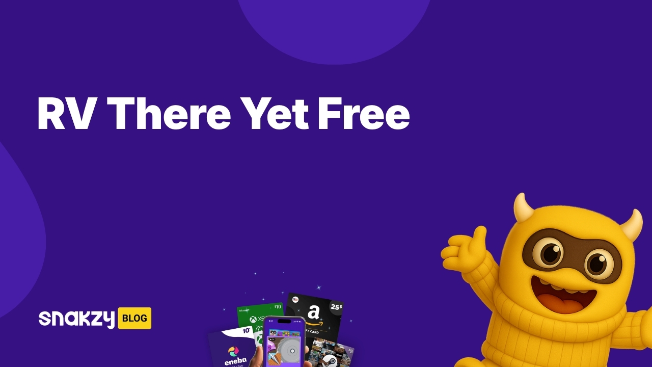 Featured card showing how to get an RV There Yet Steam key for free through Snakzy rewards.