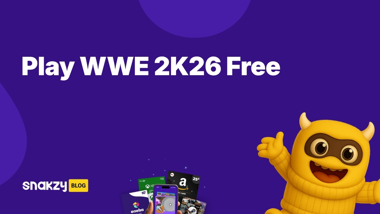 Featured card showing how to get WWE 2K26 free using a Steam gift card earned through Snakzy.
